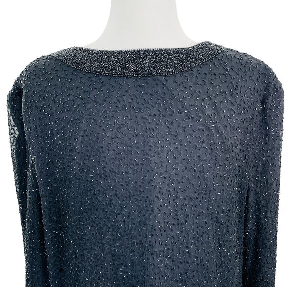 Vintage Black 100% Silk Beaded Collarless Long Sleeves Lined Jacket Size M/L - Picture 6 of 12